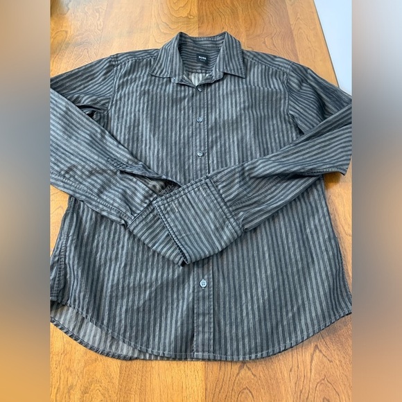 Hugo Boss Button Up Shirt Slim Fit Large Gray Black Stripes Cotton French Cuffs - Picture 3 of 15
